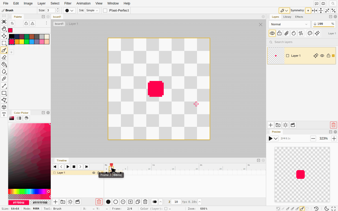 A four frame animation with the editor parked on frame 2: pressing Play in the Preview panel loops the dot around on its own, the preview's frame counter running ahead while the timeline playhead and the status bar stay on frame 2, and Stop putting the preview back on the frame being drawn