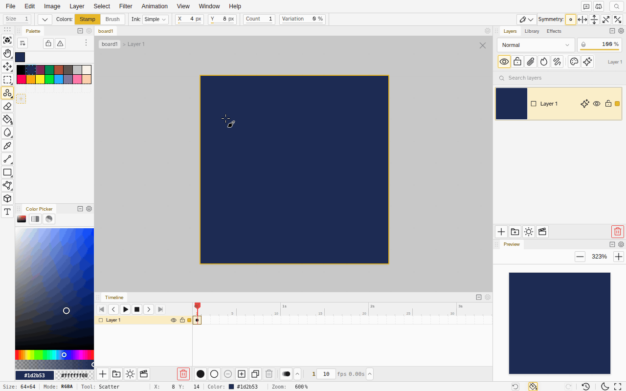 An animated sparkle brush scattered over a dark navy canvas with the Scatter tool: each stamp takes the next frame of the brush, so one stroke leaves stars of every size, then the X spread is dragged wider and a second stroke and a Shift+click line add more stars below