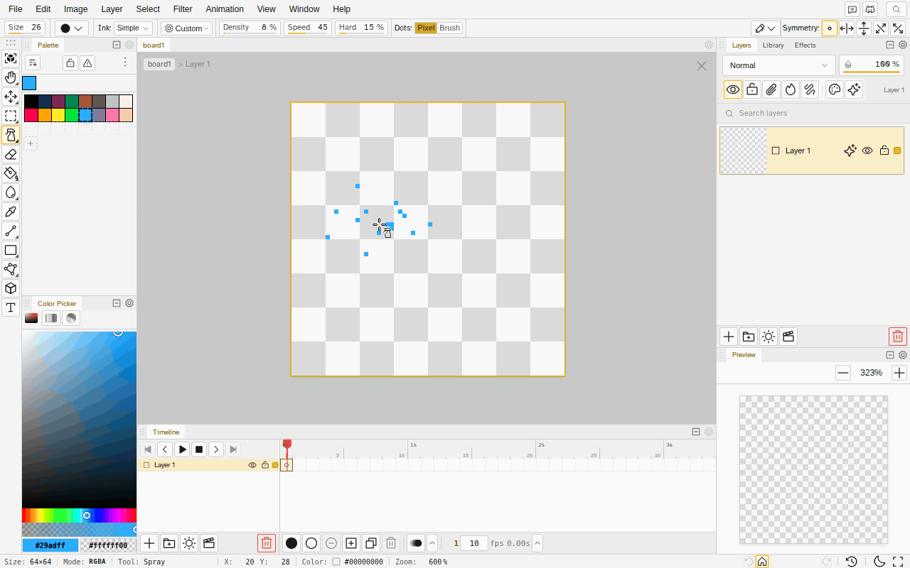 The Spray tool held still on a 64 by 64 board, building a soft blue cloud that thins toward its edge, then Dots switched to Brush and the Radius and Density fields dragged on the options bar, and a second hold laying down a coarse brown grain