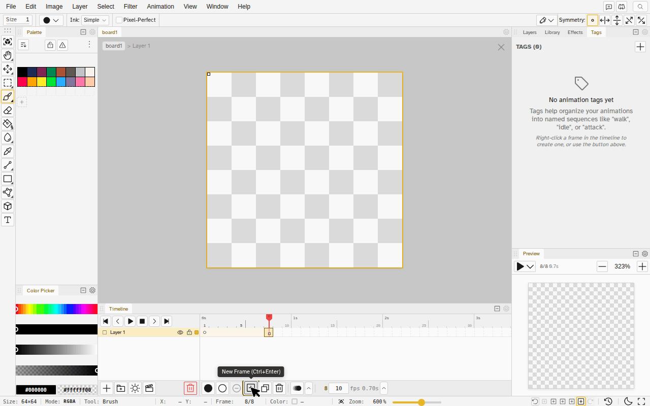 A timeline with eight frames: two tags are added over overlapping frame ranges and appear as colored stripes stacked in two lanes above the frame ruler, then the corner toggle expands them into one named row per tag and the second row is dragged above the first by its grip