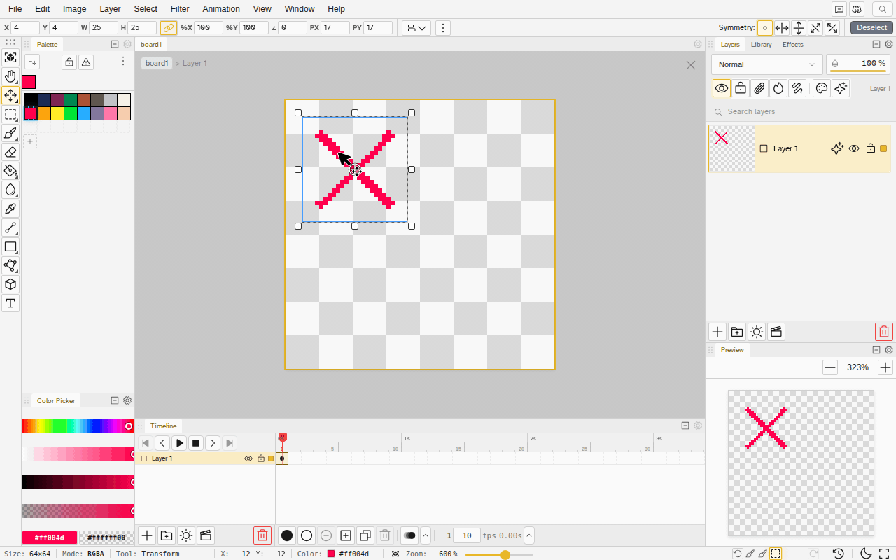 An X shaped mark selected with the Transform tool: a plain drag carries it down, then Ctrl is held and two more drags each leave a copy where the mark stood while the content moves on, ending with three marks on the canvas