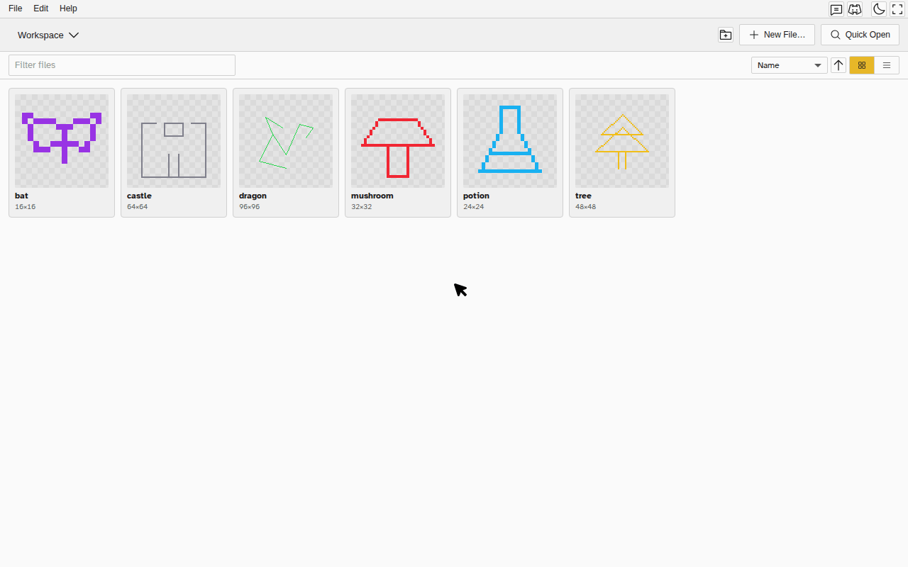 A workspace of six files sorted by name: the sort menu switches to Dimensions and the cards rearrange largest first, typing in the filter field narrows the grid to a single file, then the layout button turns the cards into a table and clearing the filter brings back all six rows with their size, frames and dates