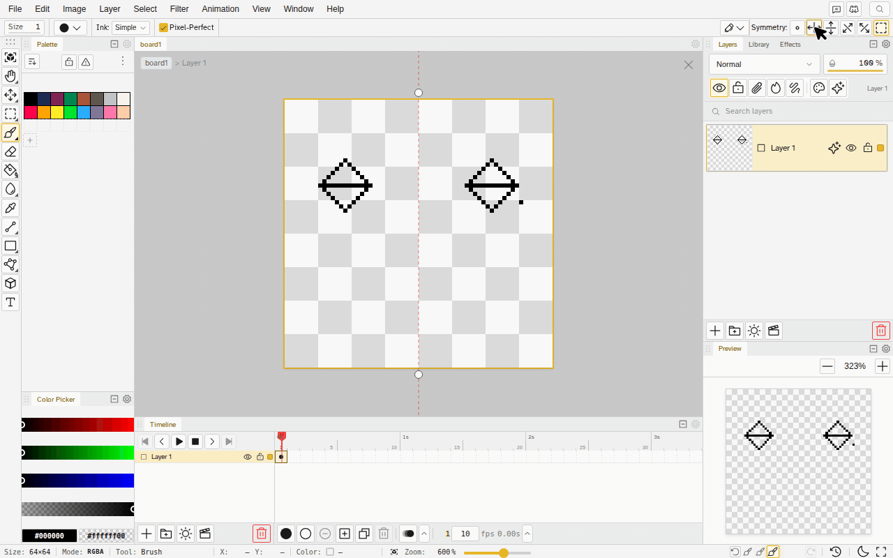 A canvas with a vertical symmetry axis and a mark on each side: with Mirror selections and transforms on, a marquee drawn around the left mark selects the right one too, then the Transform tool drags the left mark down and away from the axis and the right mark follows in mirror, down and the other way