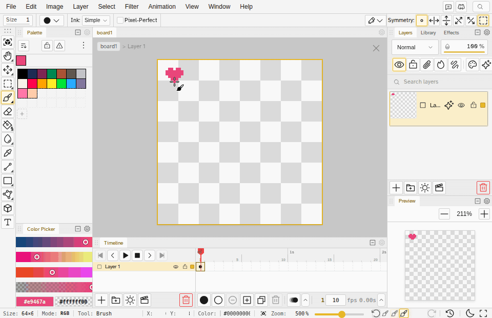 A small pink heart is selected and, with the Eraser active, becomes the eraser's shape; the canvas is filled teal, then four clicks punch heart-shaped holes in it and a wavy stroke cuts a band of hearts along the bottom