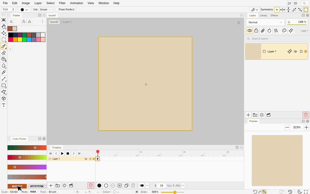 In the Library, the click action is set to Brush and a search for brick finds the built-in brick patterns; the large 16x16 bricks become the brush, its colors switch to Brush and Pattern to Canvas, and four strokes over a sand-colored canvas build a red brick wall whose rows stay aligned where the strokes overlap