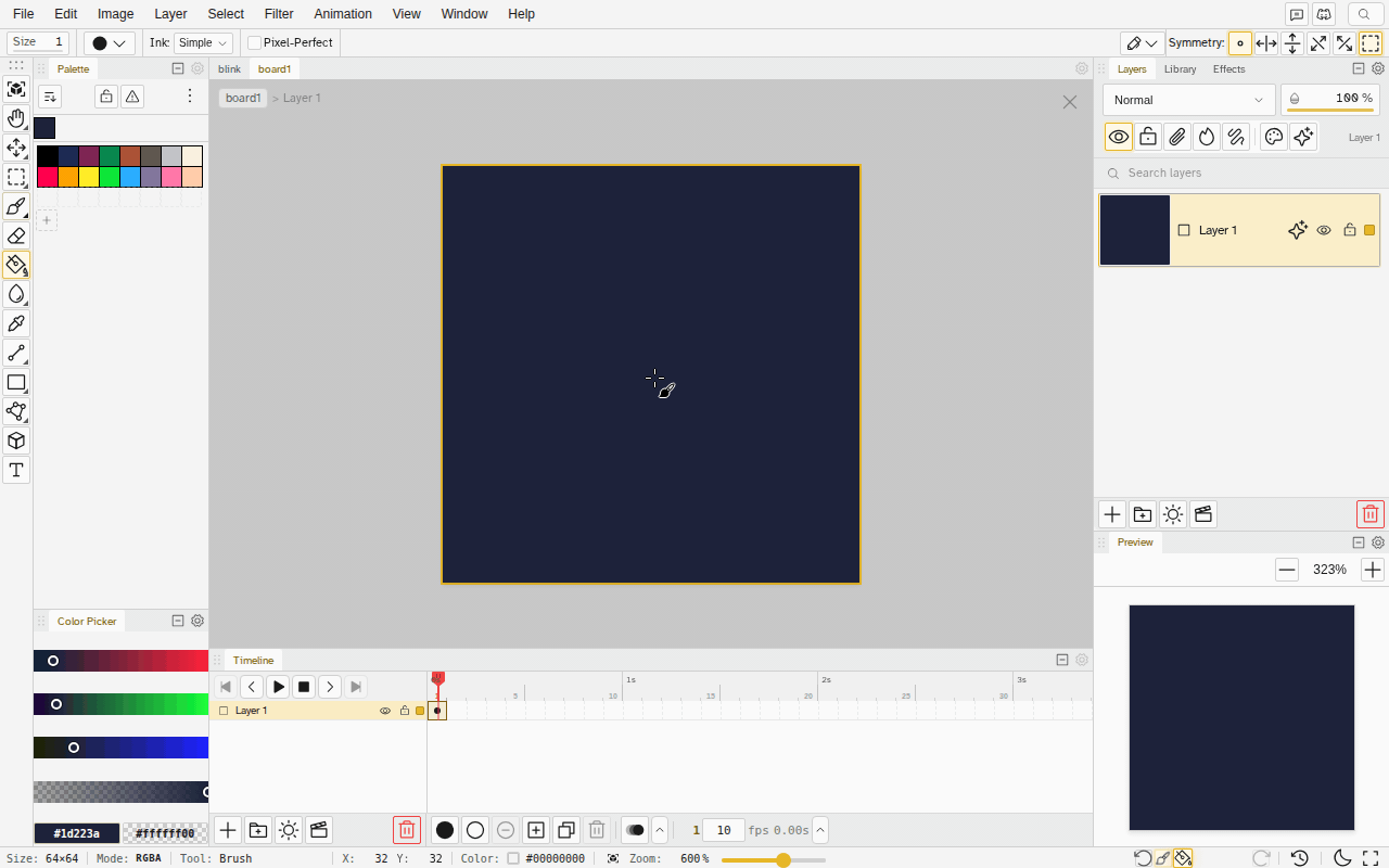 An animated sparkle brush is picked from the brush menu and Pattern is set to Canvas: three strokes across a dark canvas reveal a field of sparkles of different sizes, each in its own cell of the same grid, lining up where the strokes cross
