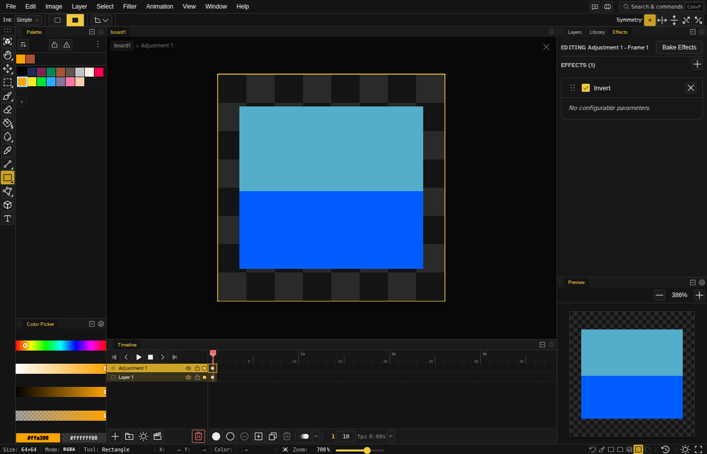 An adjustment layer with an Invert effect flipping the colors of the layers below, edited in the docked Effects panel