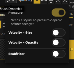Brush Dynamics panel with pressure, velocity, and stabilizer controls