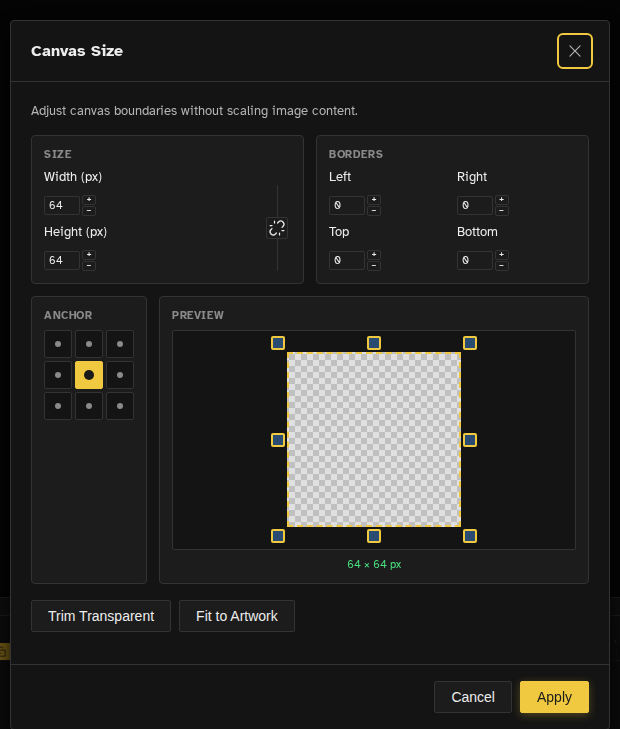 Canvas Size dialog with width, height, anchor grid, and border inputs