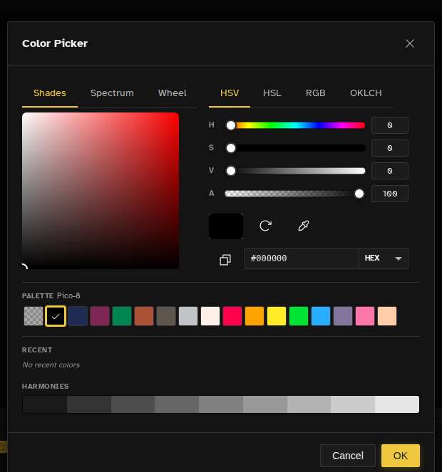 Color picker dialog with color wheel and sliders