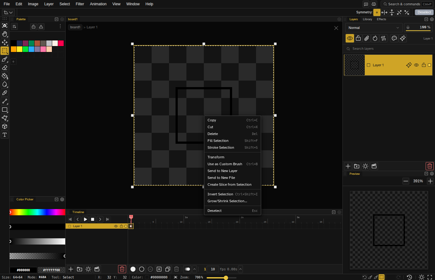 Canvas right-click context menu with selection actions
