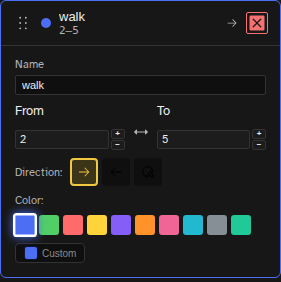 Expanded tag card in the Animation Tags panel with name, from/to frame, direction, and color controls