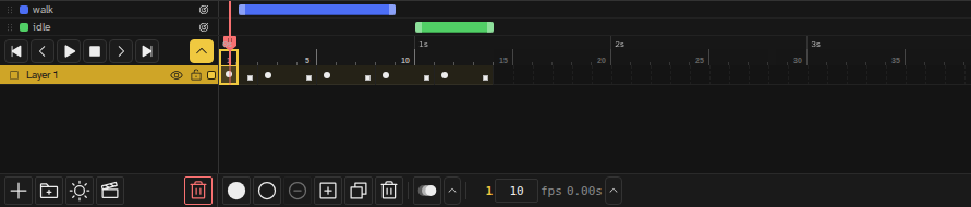 Timeline with two tag rows above the frame ruler: a blue walk tag and a green idle tag