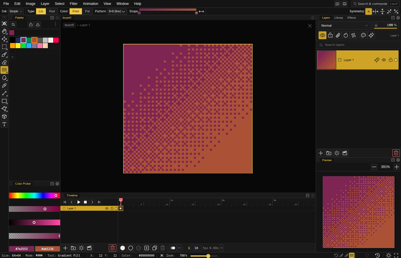 A dithered linear gradient filling the canvas, with the gradient options in the tool options row
