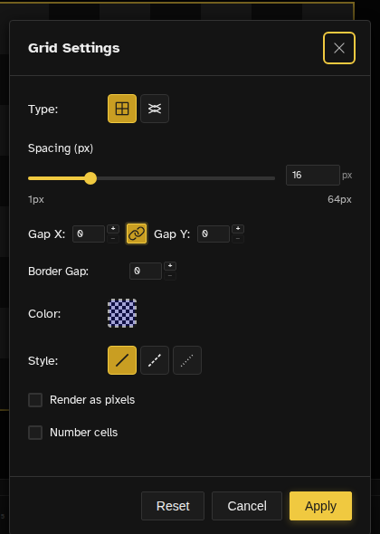 Grid Settings dialog with spacing, color, opacity, and isometric controls