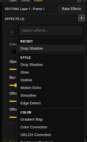 Categorized, searchable add-effect menu