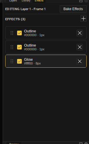 Effects panel with two Outline effects plus a Glow stacked on one layer