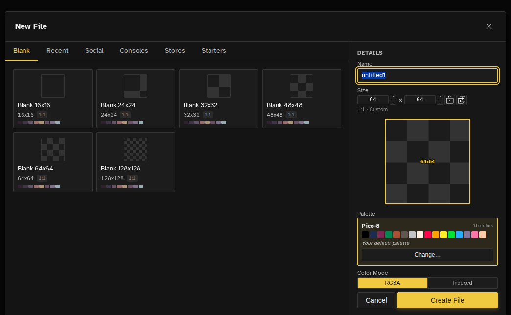 New file dialog with category tabs and preset thumbnails