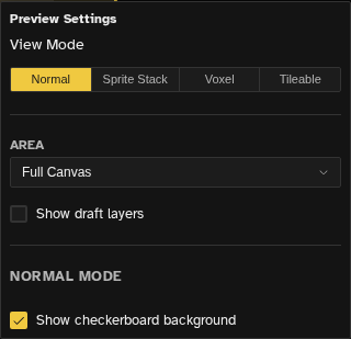 Preview Settings with Normal, Sprite Stack, Voxel, and Tileable view modes