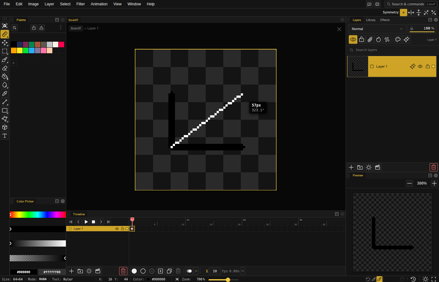 Ruler tool measuring a diagonal on the canvas with a floating distance and angle readout