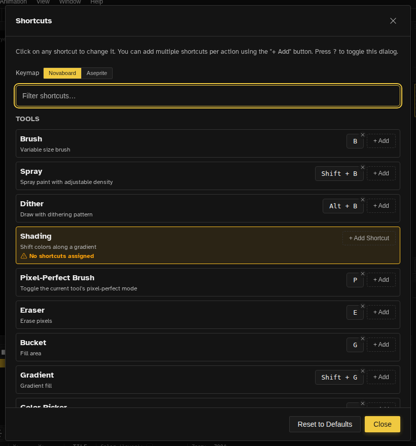Keyboard shortcuts dialog showing all available shortcuts