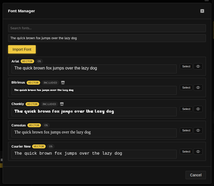 Font Manager dialog listing available fonts with live previews
