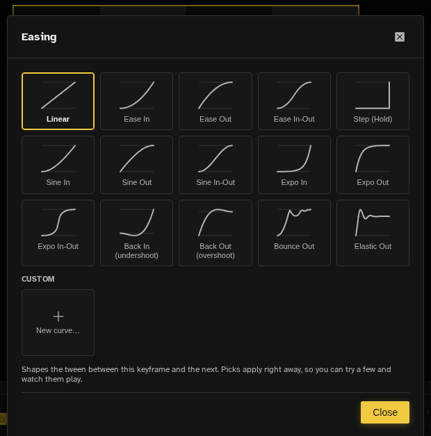 The Easing picker dialog on a tweened keyframe, showing a grid of curve thumbnails for the basic easings and the sine, expo, back, bounce, and elastic curves