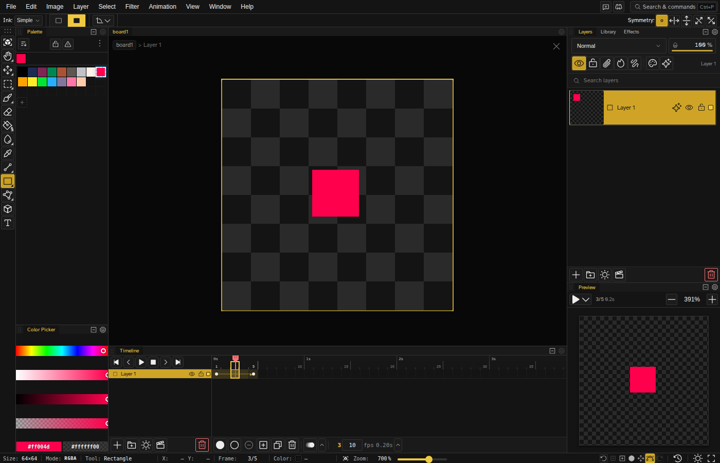 Editor on frame 3 of a five-frame tween, with the sprite rendered at an interpolated position between the two keyframes