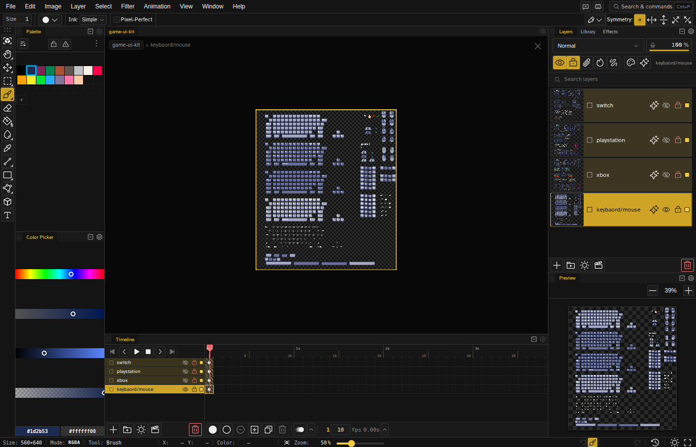 Game UI kit project open in Novaboard with its full layer stack, a Pixilart alternative