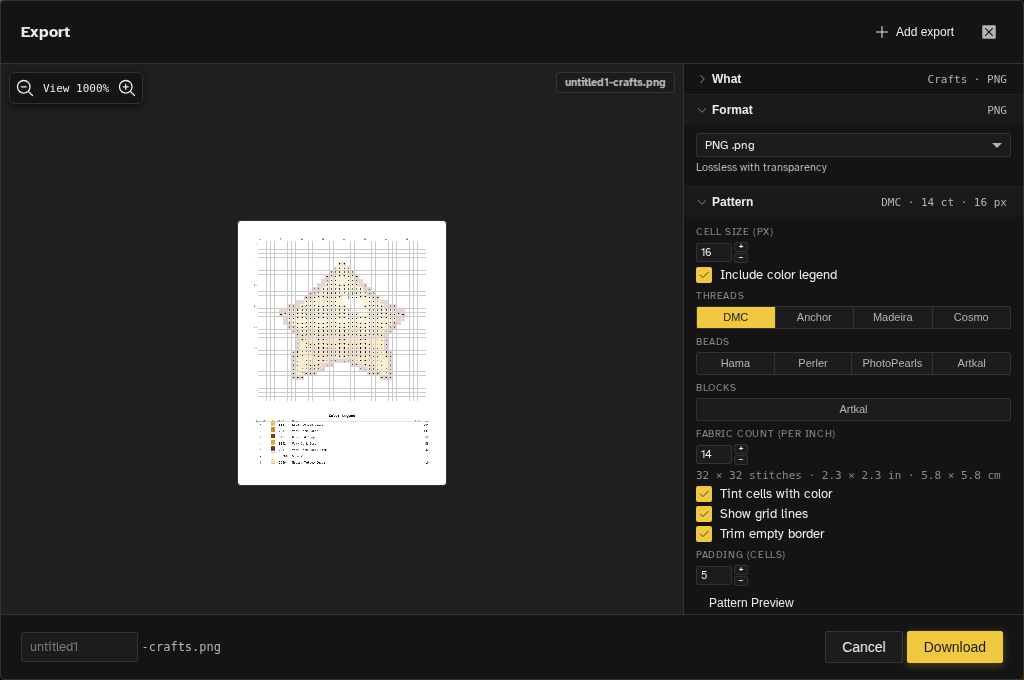 Novaboard export wizard with DMC, Anchor, Madeira, and Cosmo thread options