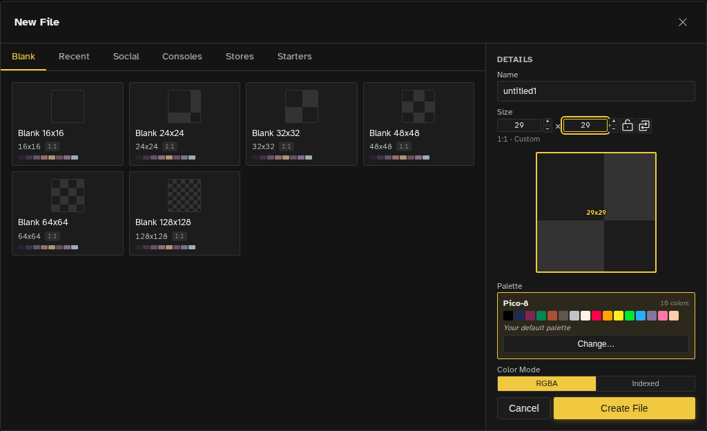 Novaboard new file dialog with a custom 29 by 29 pegboard-sized canvas