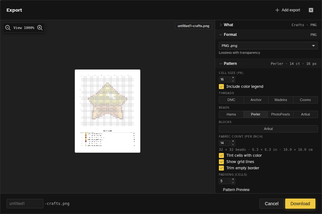 Novaboard export wizard generating a bead pattern with Perler color matching