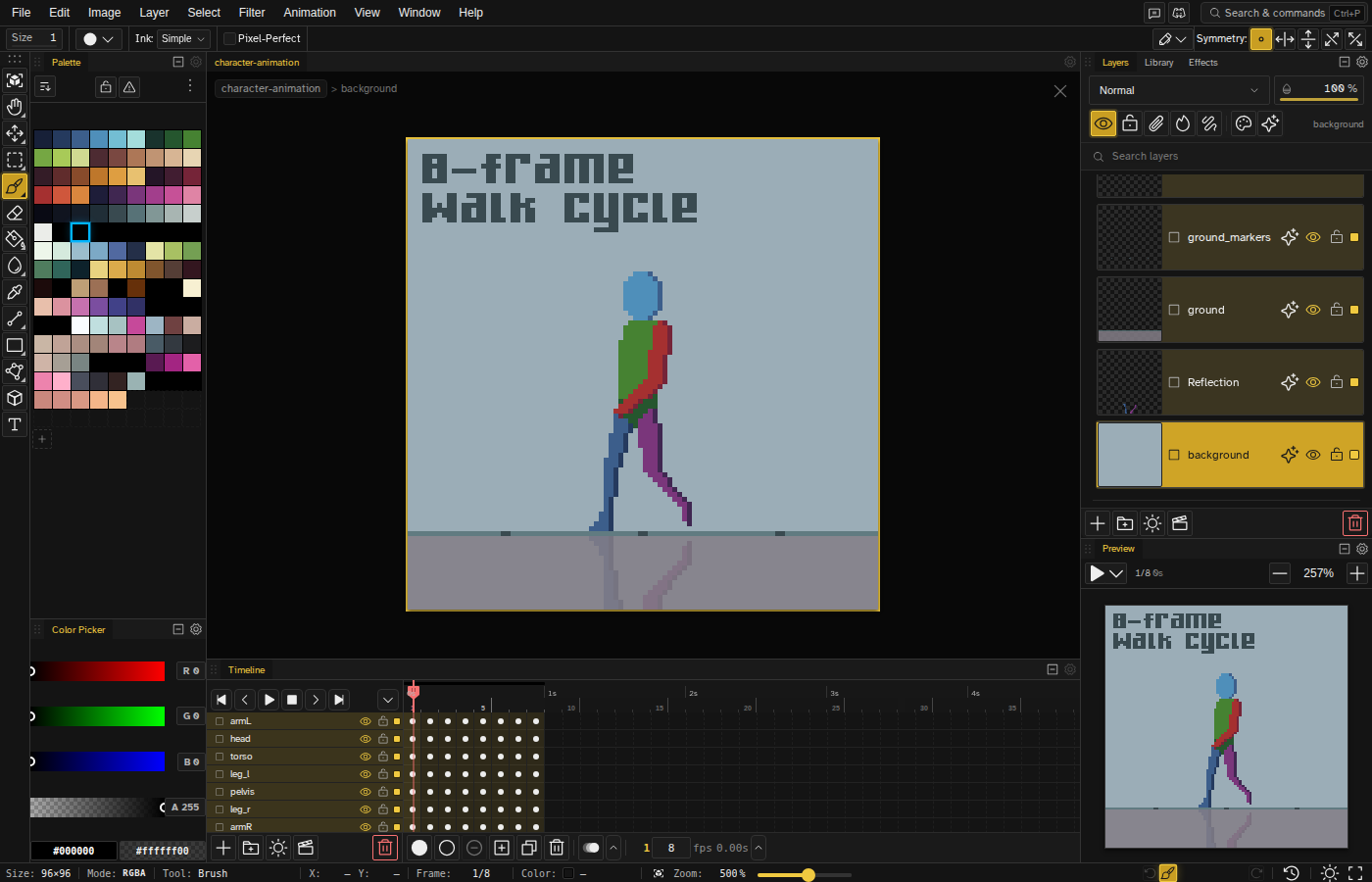 An Aseprite walk cycle imported into Novaboard with layers and timeline intact