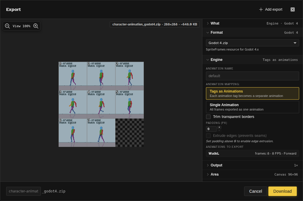 Novaboard export wizard configuring a Godot 4 SpriteFrames export