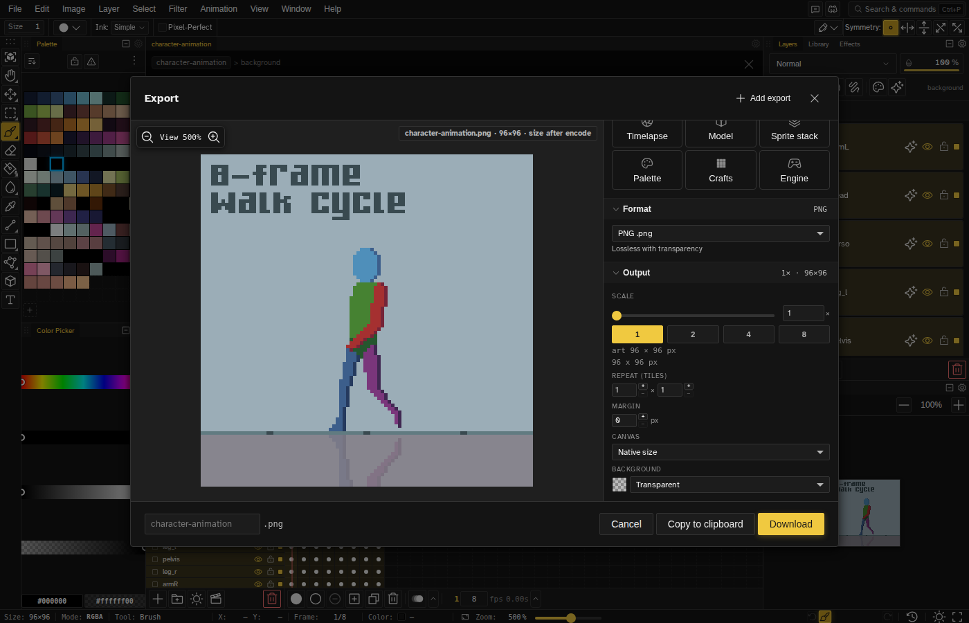 Novaboard export wizard with scale and aspect ratio options over a pixel art board
