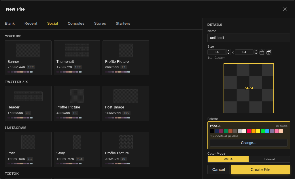 Novaboard new file dialog with social media canvas presets