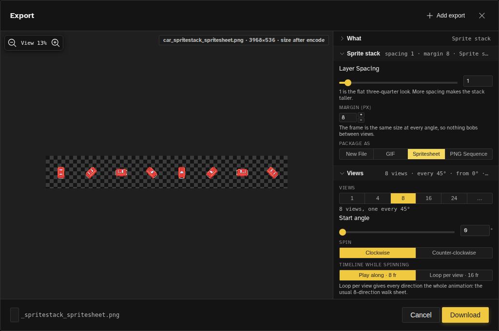 Novaboard export wizard configuring a sprite stack sprite sheet export