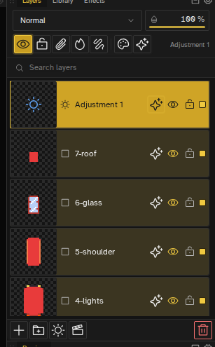 Novaboard layer panel showing the named slice layers of a sprite-stacked car