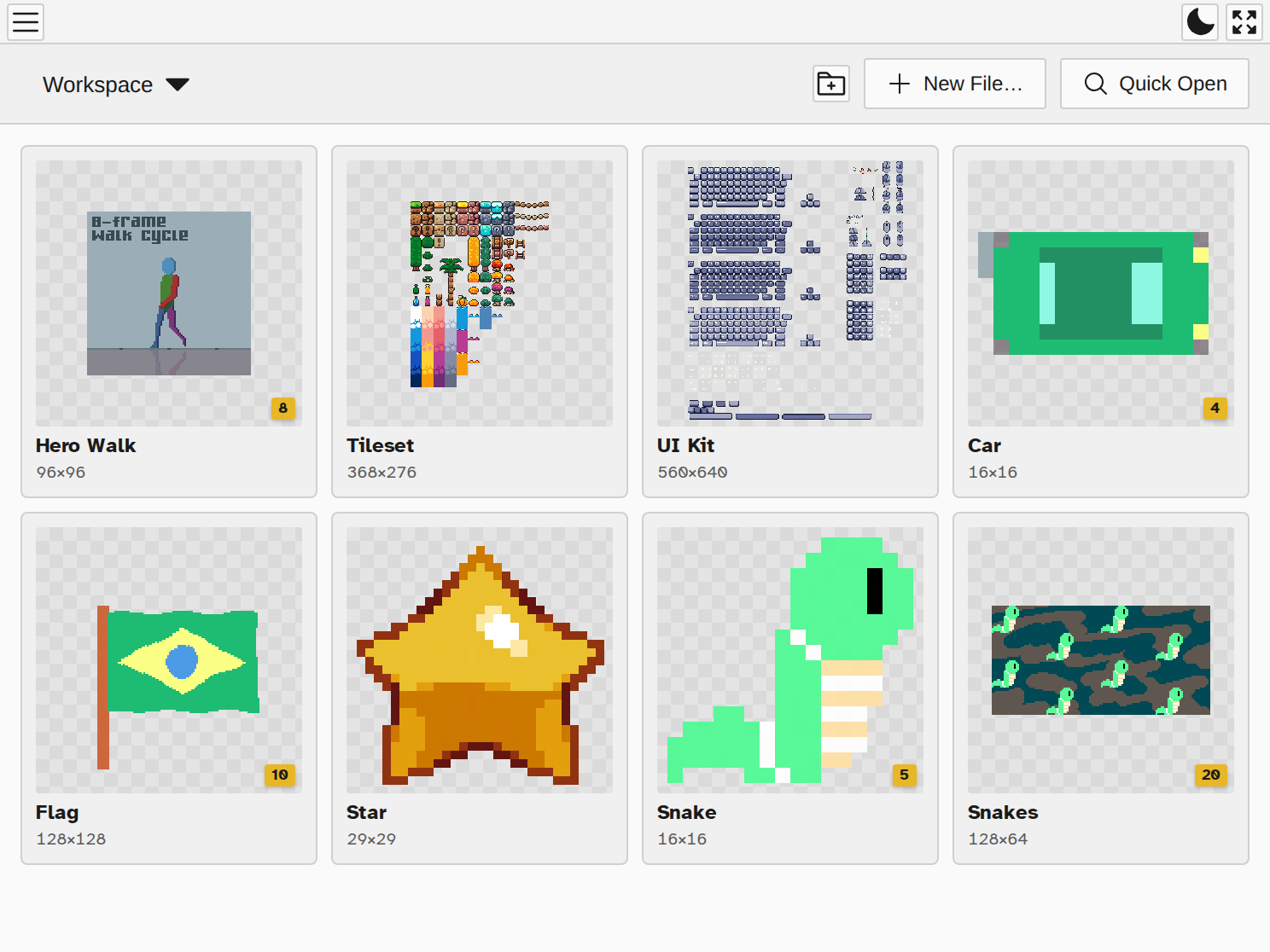 The Novaboard workspace grid with eight pixel art files: a walk cycle, a tileset, a game UI kit, and animated sprites.